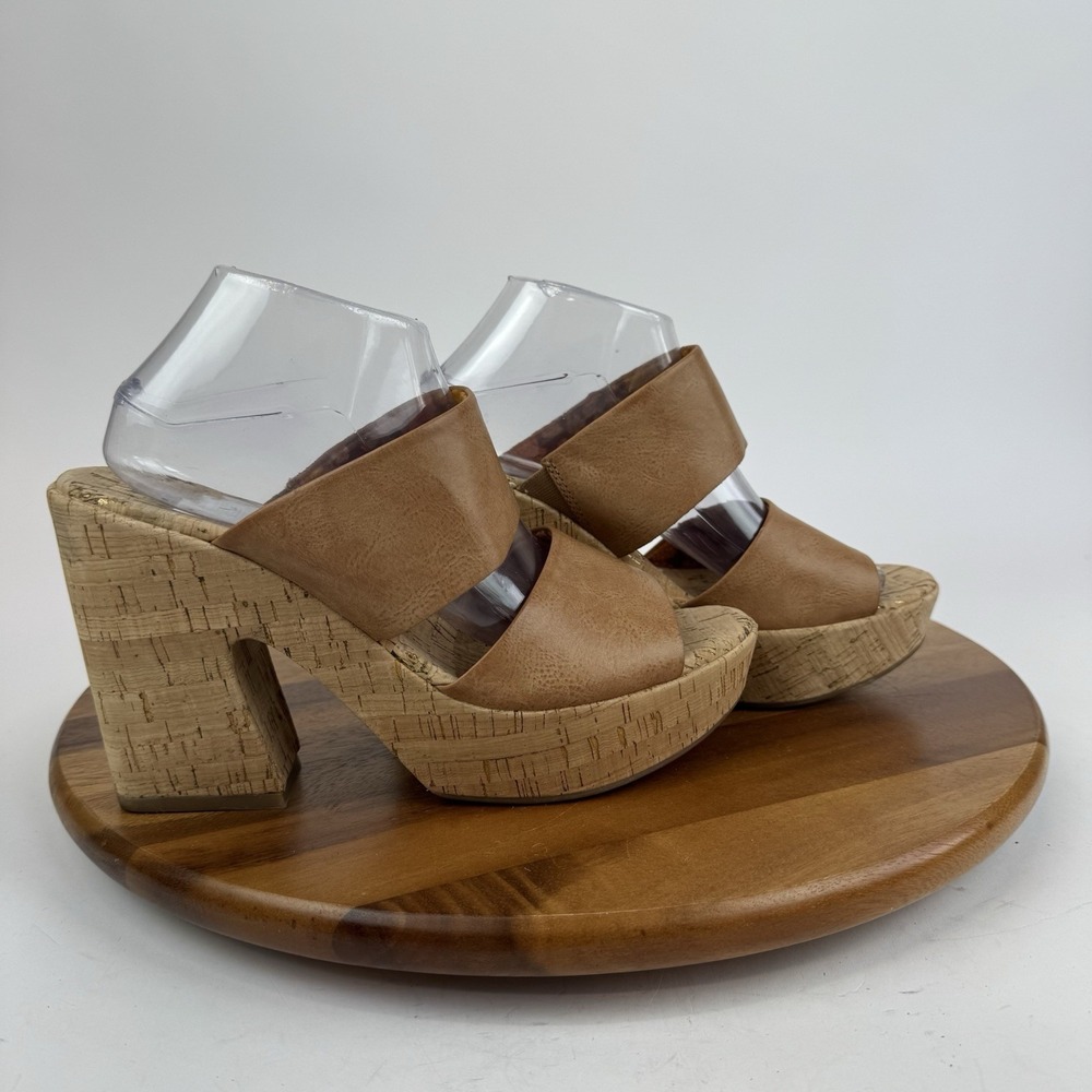 Womens Korks Kork-Ease Dezi Tan Leather Cork Block Heels Sandals Size 11‎ M EUC